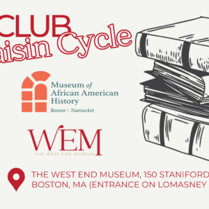 A linen colored background with a stack of books on the right and red text saying "Book Club: the Raisin Cycle" on the left.