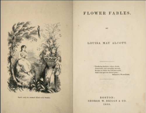 An illustration to the left showing a girl on a mound of earth looking at a planter full of plants and monkeys. The right is a title page of a book called Flower Fables.