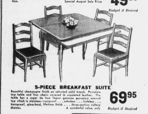 A newspaper clipping with an ad for a kitchen table and chairs.