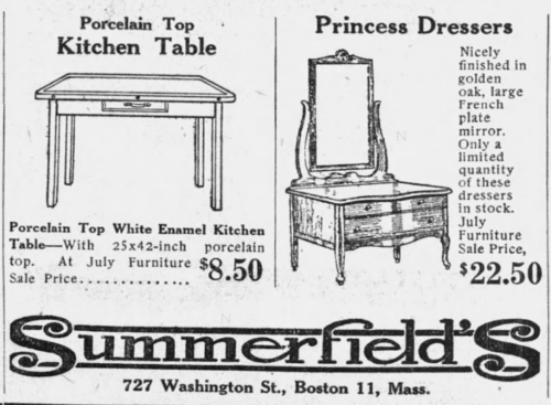 A newspaper ad for a kitchen table and princess dressers for Summerfields store.