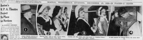 A newspaper clipping with four images in a row. The first shows a man in a hat. The second and third shows women in Puritan costumes. The fourth image shows a man with his head in the stocks.