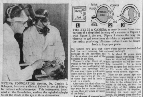 A newspaper clipping showing two men doing surgery and an illustration of a detached retina.