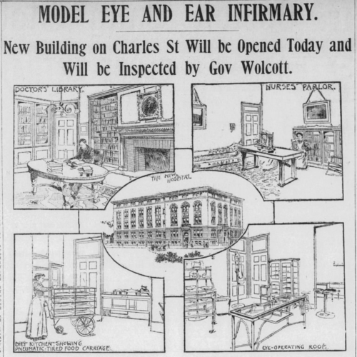 Four drawings of a library, a parlor, a meal prep room, and an operating theatre with an illustration of a hospital building in the center.