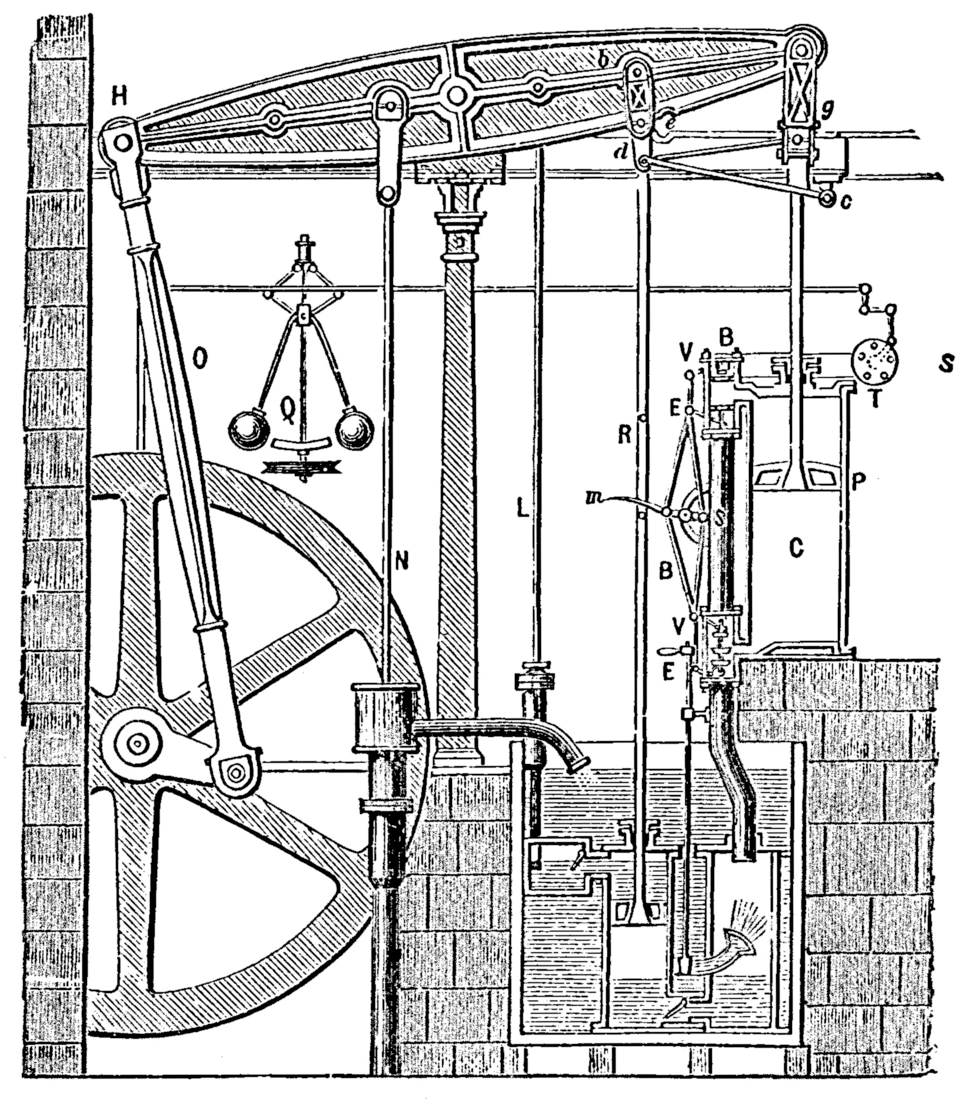 Engraving of a steam engine with large wheels, a pump and labeled componants.