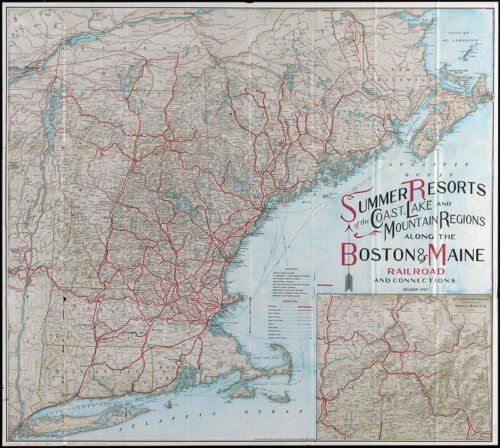 A map of New England showing rail road routes in red.