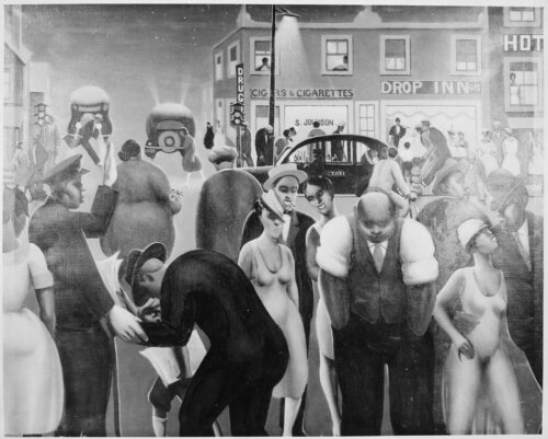 A black and white photo of a dynamic 1930s style painting of Black people going about their evening activities in a lively street setting.