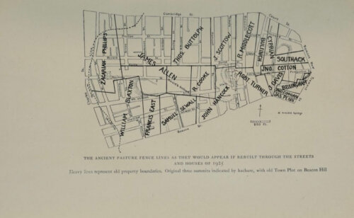 An illustrated map showing various land ownership areas covering a modern street map.