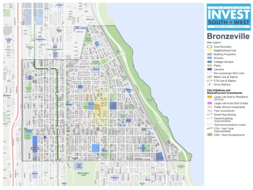 A map of a section of Chicago showing areas in need of investment and ongoing or planned projects.
