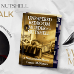 A crinkled paper field with an image of a woman, a picture of a book cover, and a hand holding a knife.