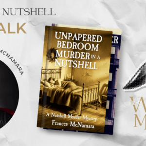 A crinkled paper field with an image of a woman, a picture of a book cover, and a hand holding a knife.