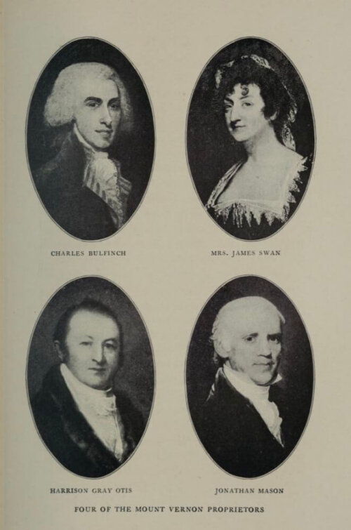 Four oval portraits of three men and one woman in early 19th century fashion.