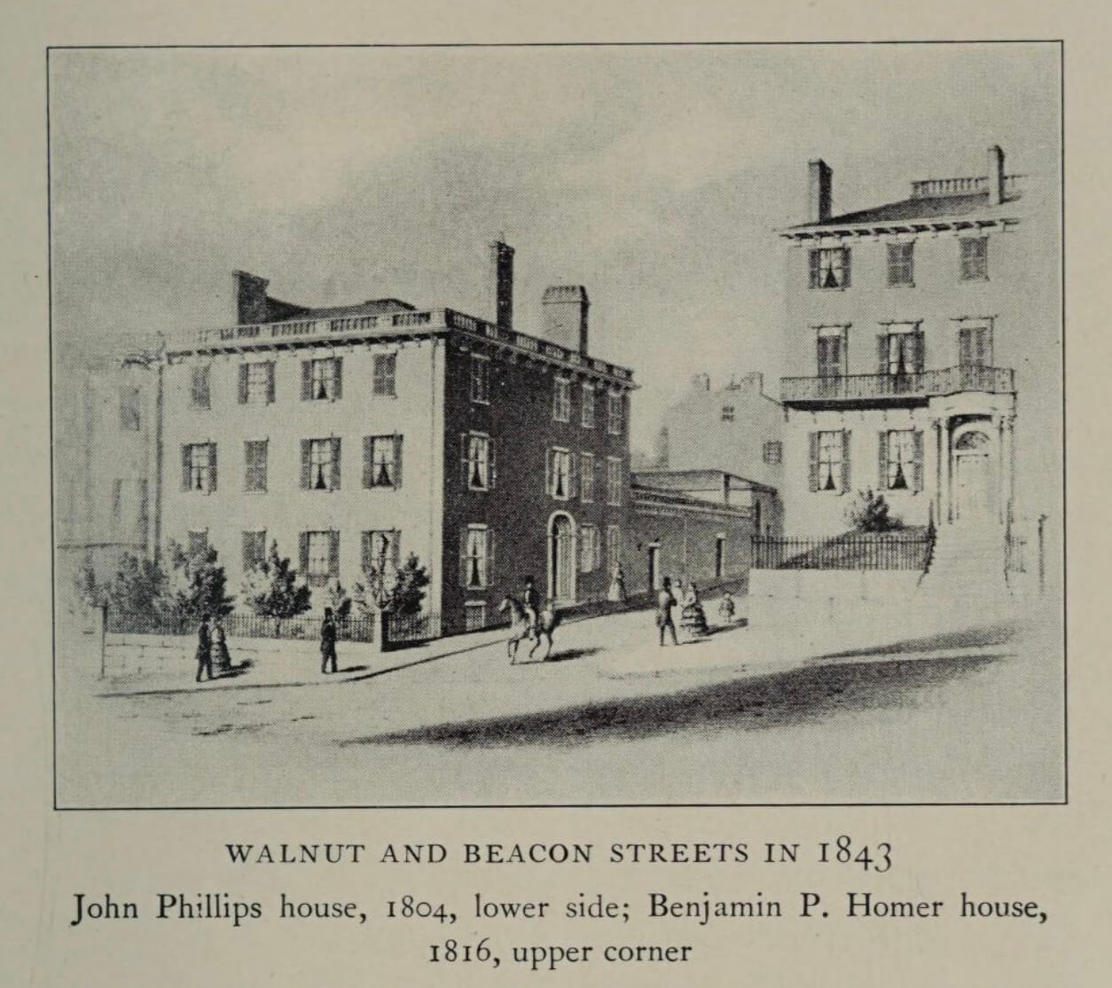 A lithographic illustration of two square Federalist style buildings.