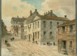 A watercolor showing a street with a central brick building with several children running towards it.