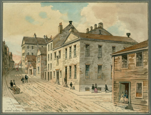 A watercolor showing a street with a central brick building with several children running towards it.