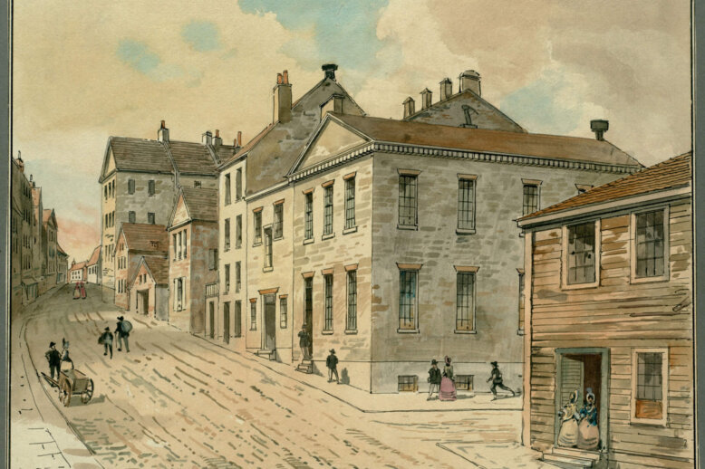 Smith Court(c.1850s)(BPL) A watercolor showing a street with a central brick building with several children running towards it.