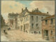 A watercolor showing a street with a central brick building with several children running towards it.