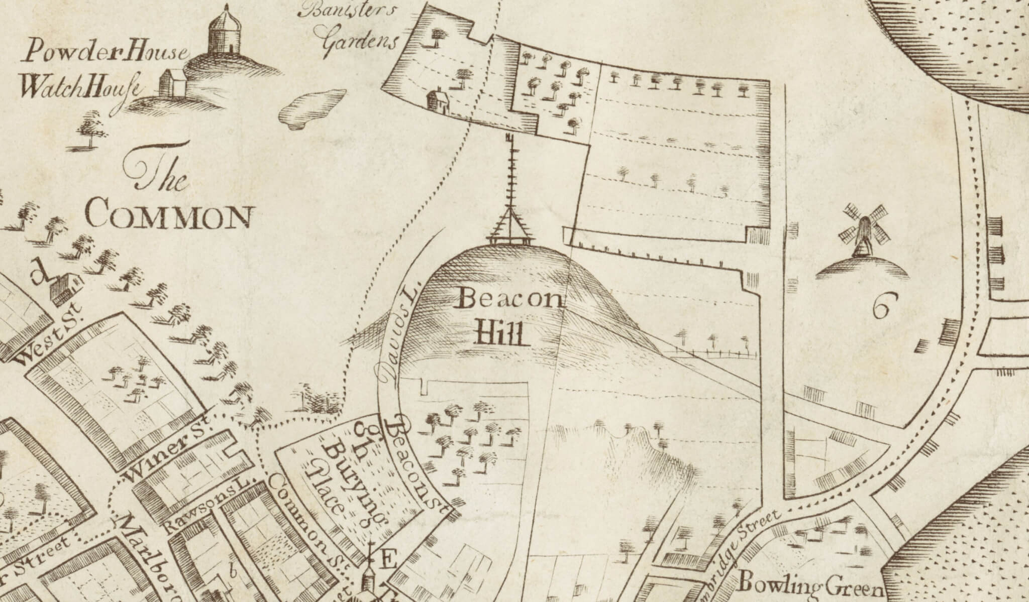 An illustrated map showing a hill, farms, and buildings as if from above.