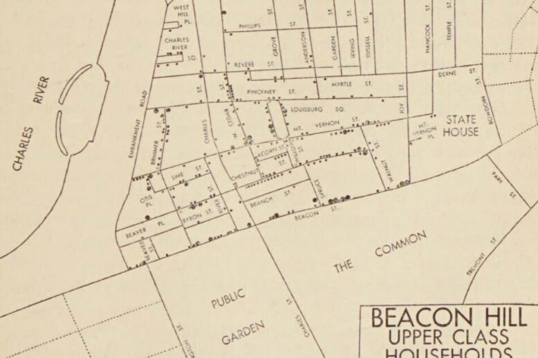 Diagram showing the high density of upper class homes on the South Slope compared to the North Slope (Pinckney to Cambridge Street), Land use in Central Boston, Walter Firey. A map showing dots on a map where wealthy people live.