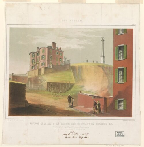 A painting of a construction site where people are excavating parts of a hill.